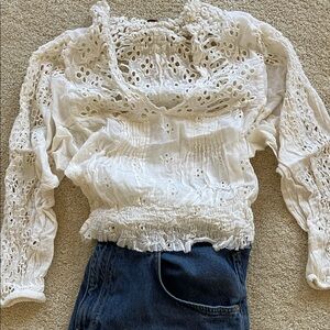 FP Movement by Free People White Eyelet Crop Cotton Blouse